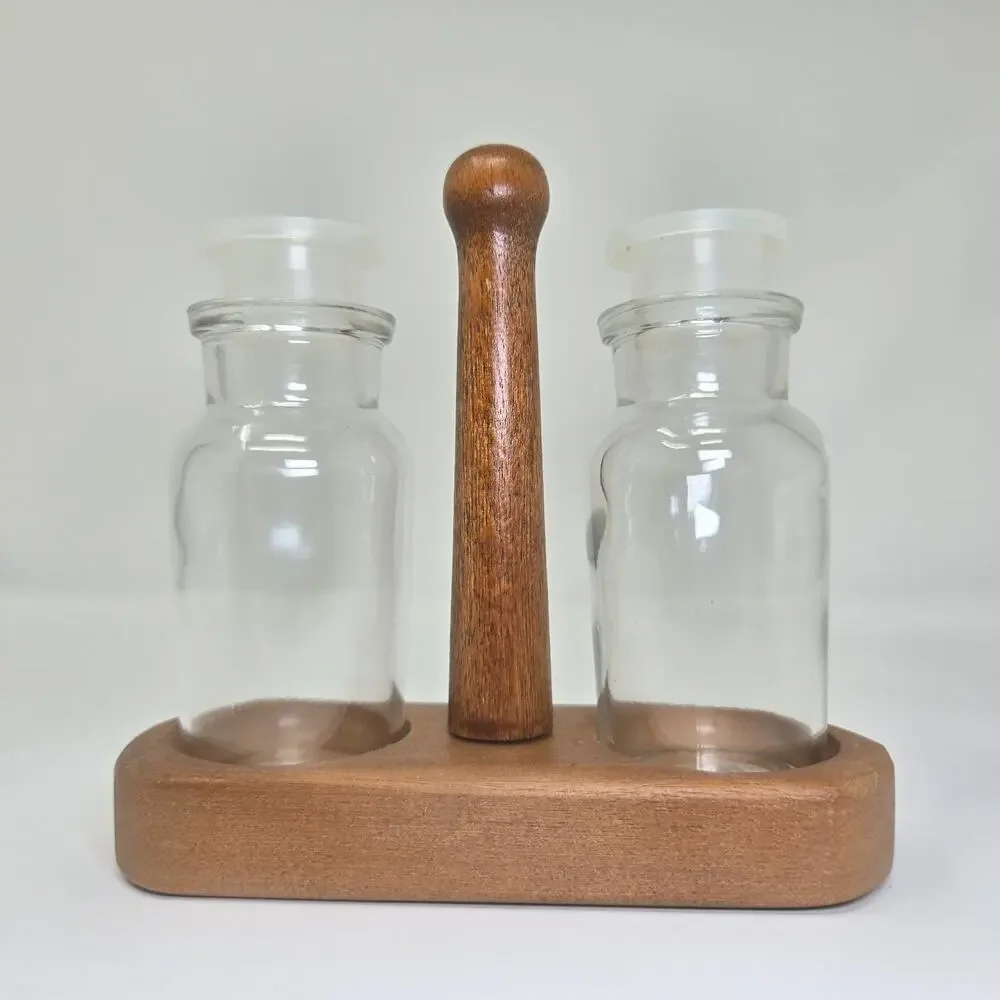 US Plywood Corp Clear Glass Salt and Pepper Shakers Wood Stand Cruet Set Unused